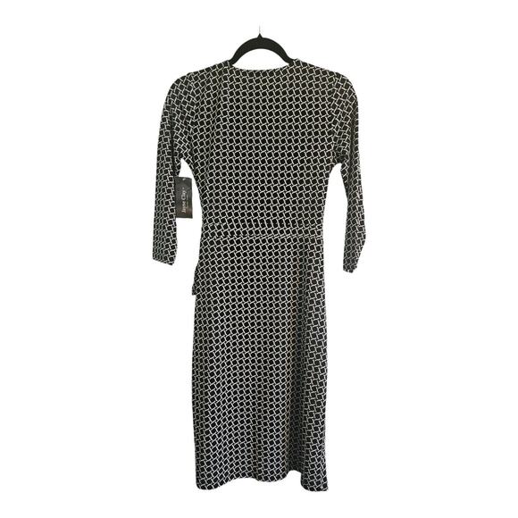 Jayne Clay NWT Faux Wrap Dress Size S Geometric Pattern Black White Stretch - Picture 2 of 9
